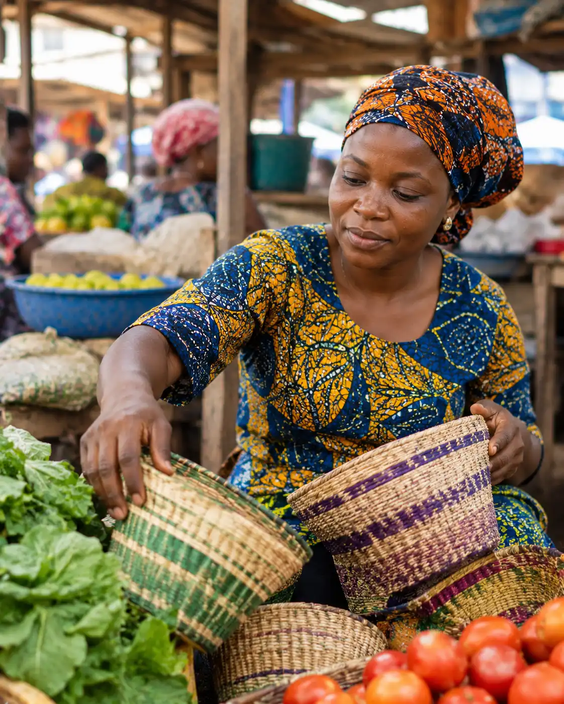 A Nigerian market trader selecting fresh food products