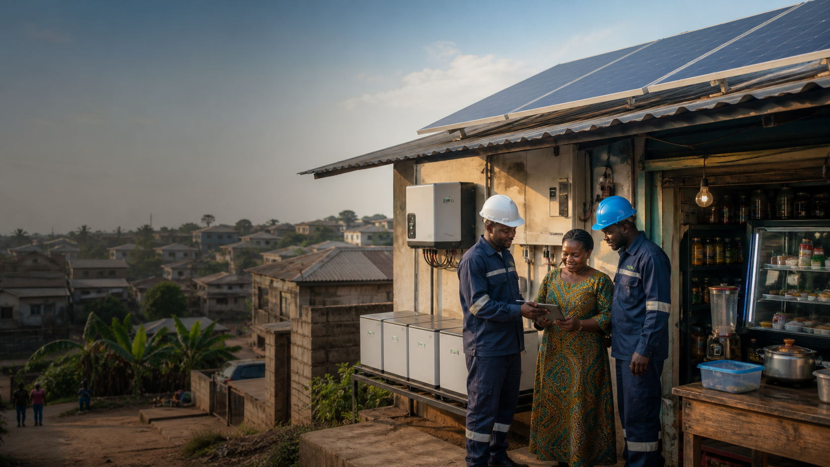 Nigerian solar technicians helping a small-business owner adopt reliable clean energy